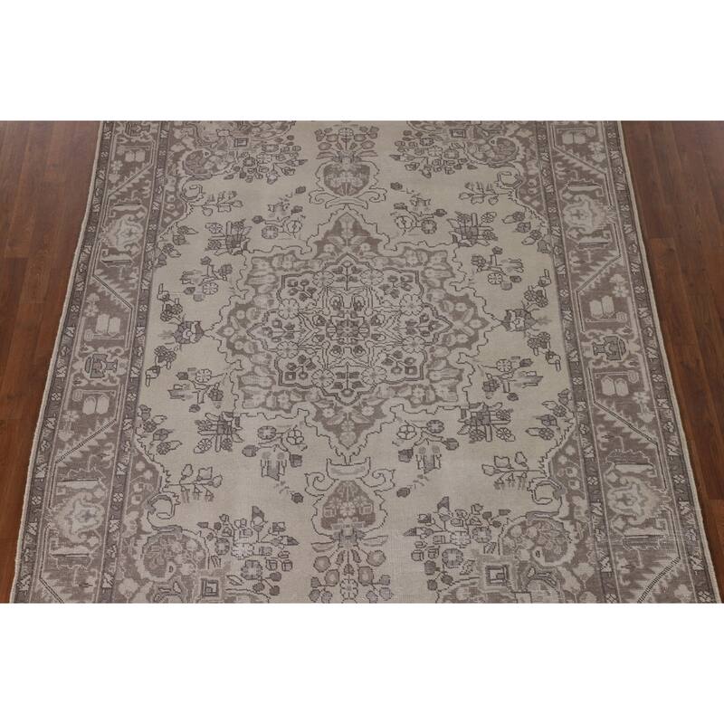Distressed Tabriz Persian Vintage Area Rug Handmade Beige Wool Carpet - 6'7" x 9'6"