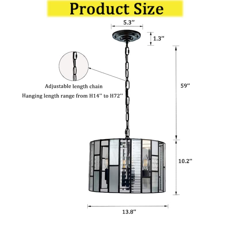 CraftHome Modern Matte Black Drum Chandelier 4-Light Art Glass Pendant with Adjustable Chain for Any Indoor Setting - W:14"