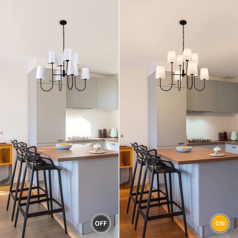 Modern 8 Light Chandelier with White Fabric Shades, Black Metal Frame, Mid Century Contemporary Ceiling Light - Matte Black