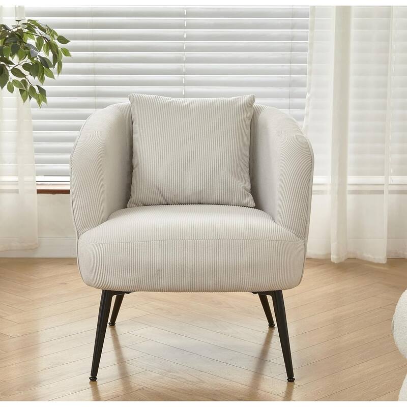 Modern Channel Corduroy Velvet Accent Chair with Black Metal Legs Luxurious Design and Comfortable Seating Ideal - Beige