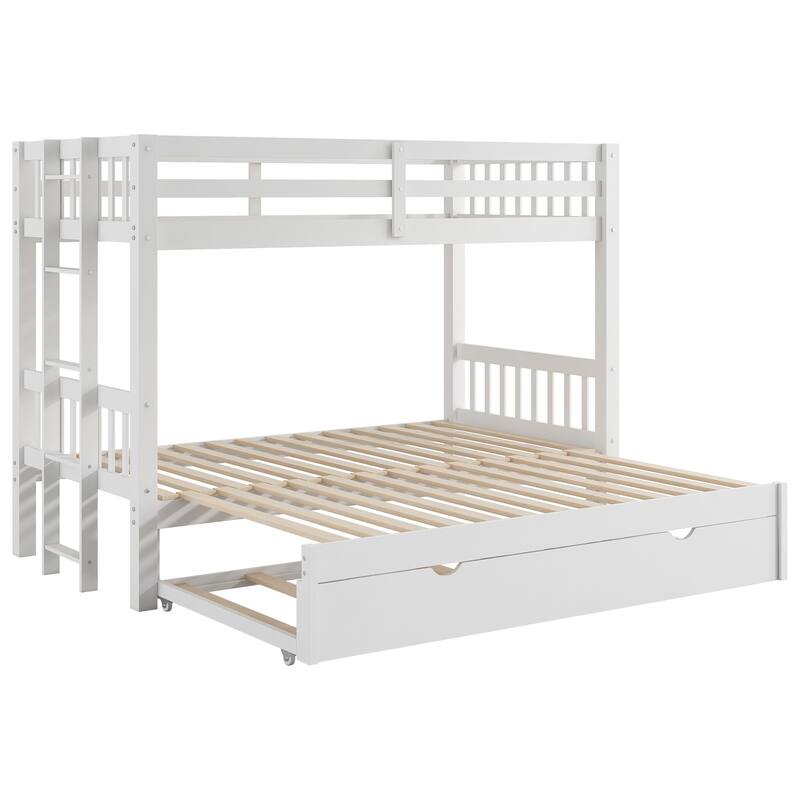 Twin Over Pull-Out Bunk Bed with Trundle, Solid Wood Twin Over Twin/Double Twin Bunk Bed with Ladder and Full-Length Guardrail
