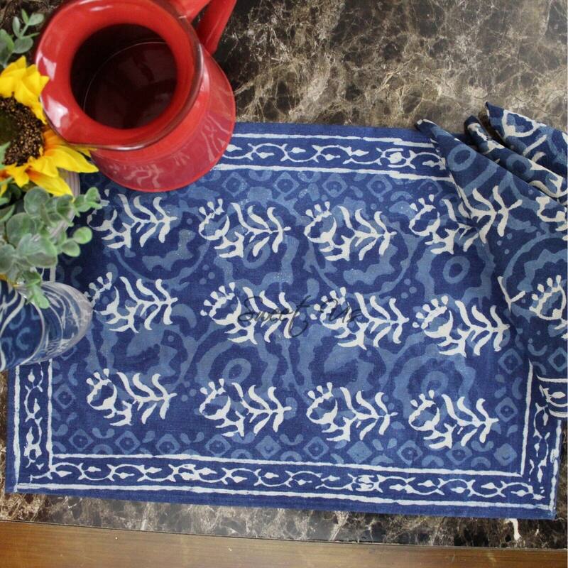 Regal Block Print Cotton Dabu Floral Tablecloth Collection - Set of 4 Placemats