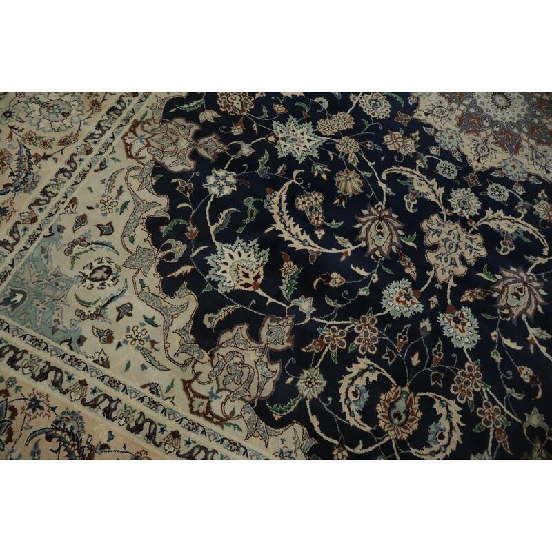 Hand Knotted Oriental 100% Wool Carpet Traditional Floral Navy Blue & Blues Nain Area Rug - 10' 4'' X 8' 0''
