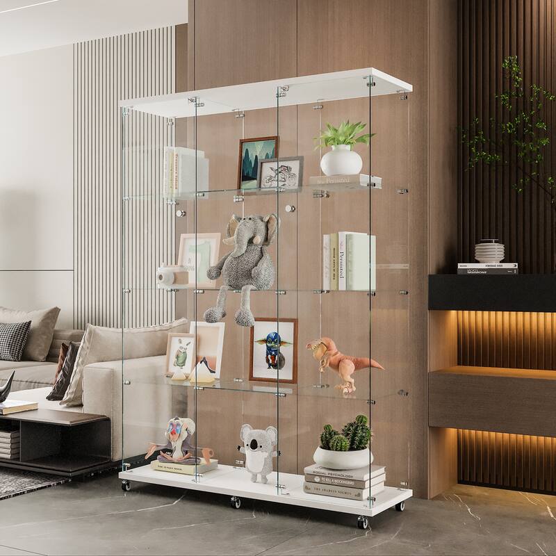 Glass Display Cabinet with 4 Shelves Extra Large, Curio Cabinets, Floor Standing Glass Bookshelf, Quick Installation