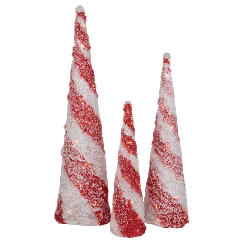 Set of 3 LED Lighted Snowy Candy Cane Striped Christmas Cone Trees 3.25'