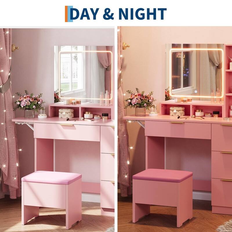 Vanity Desk with LED Lighted Mirror, Charging Station & Storage Stool