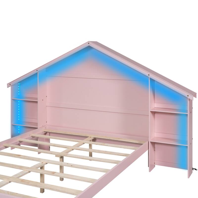 Platform Bed with House-Shaped Storage Headboard and Built-In LED