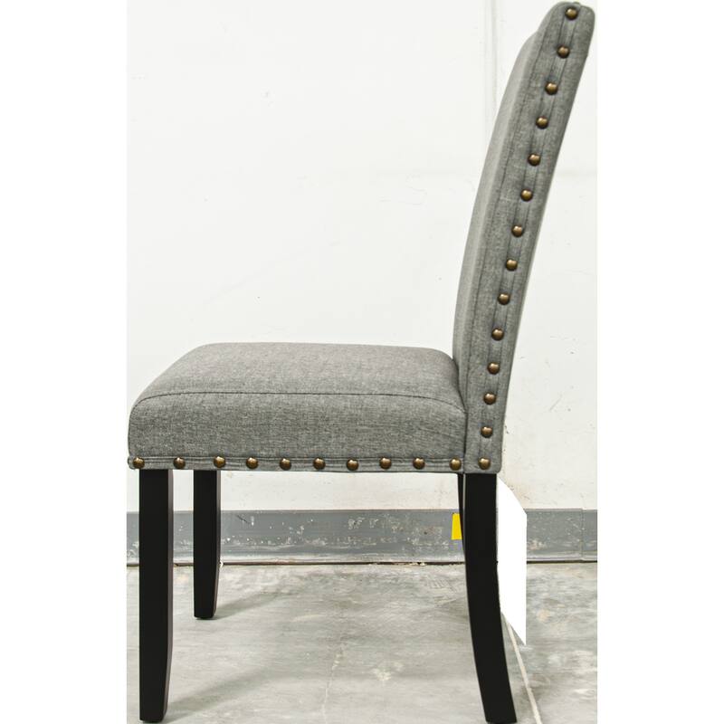 Modern Classic Dining Room Furniture Natural Wooden Round Dining Table 4x Side Chairs Gray Fabric Nail heads Trim and St