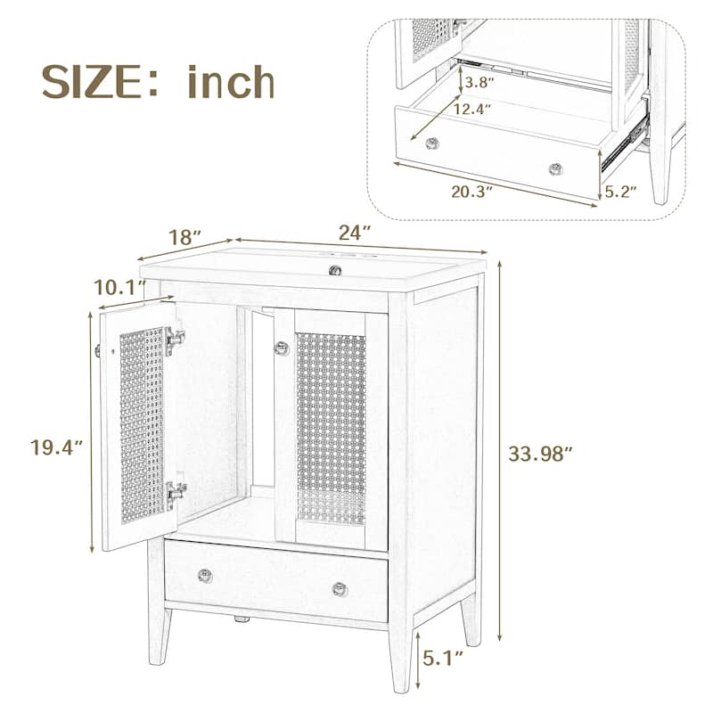 24" Bathroom Vanity with Ceramic Basin, Rattan Bathroom Storage Cabinet with 2 Doors and Drawer