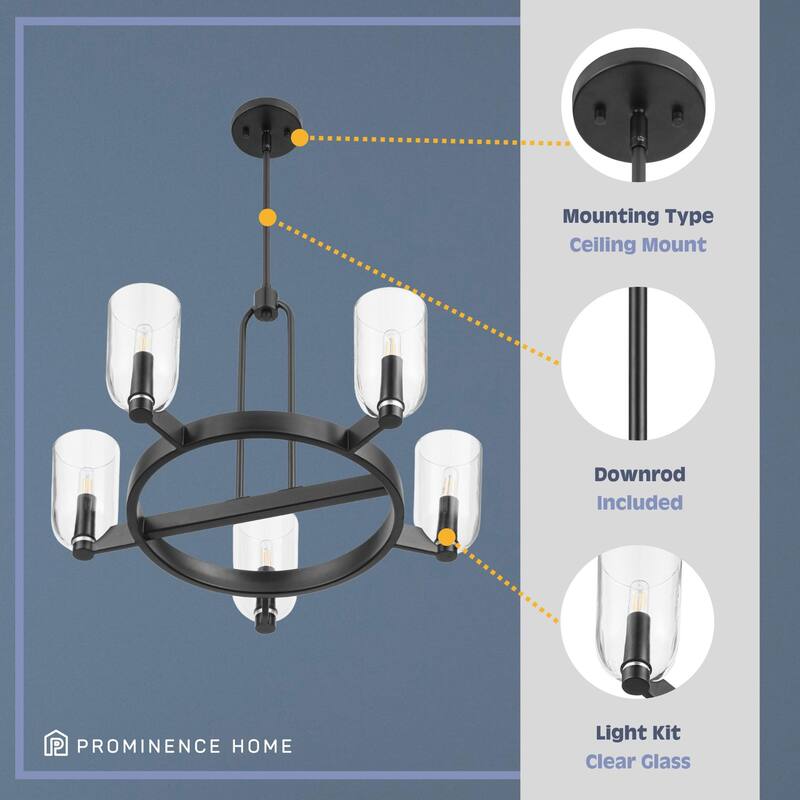 Prominence Home Hansley 5-Light Matte Black Chandelier with Clear Glass - 25.5