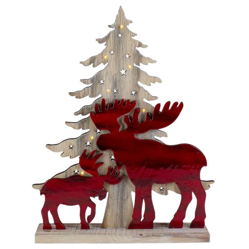 13.5" Lighted Red Moose and Christmas Tree Wooden LED Battery Operated Decoration