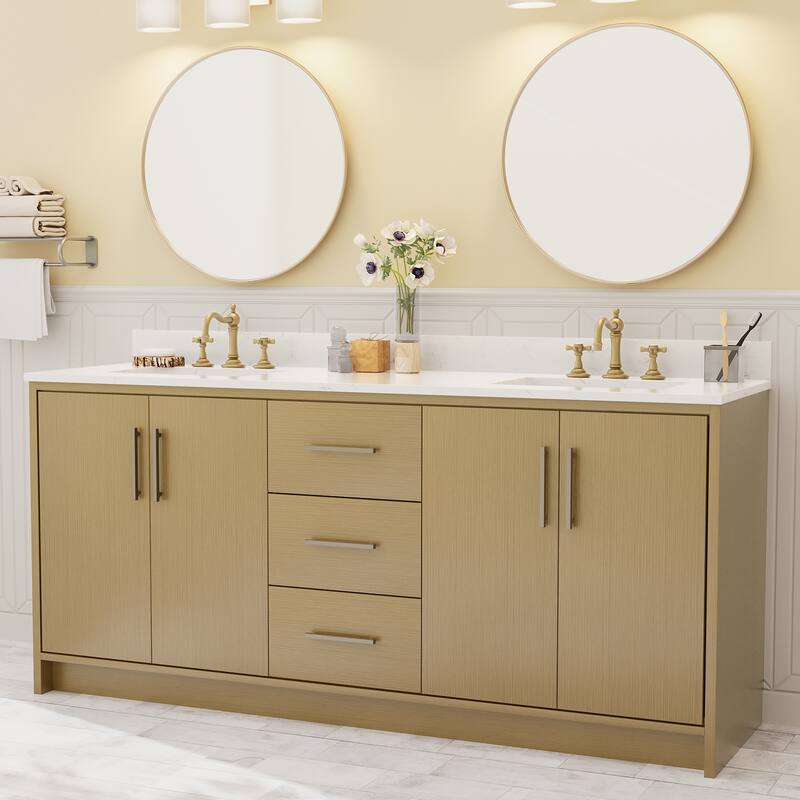 72-Inch Modern Style Bathroom Vanity with Double Ceramic Sink - Walnut
