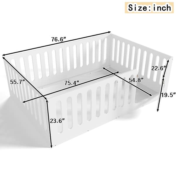 dimension image slide 0 of 3, Queen Size Montessori Floor Bed with Door & High Fence, Solid Wood Low-Profile Sleep and Play Bed Frame