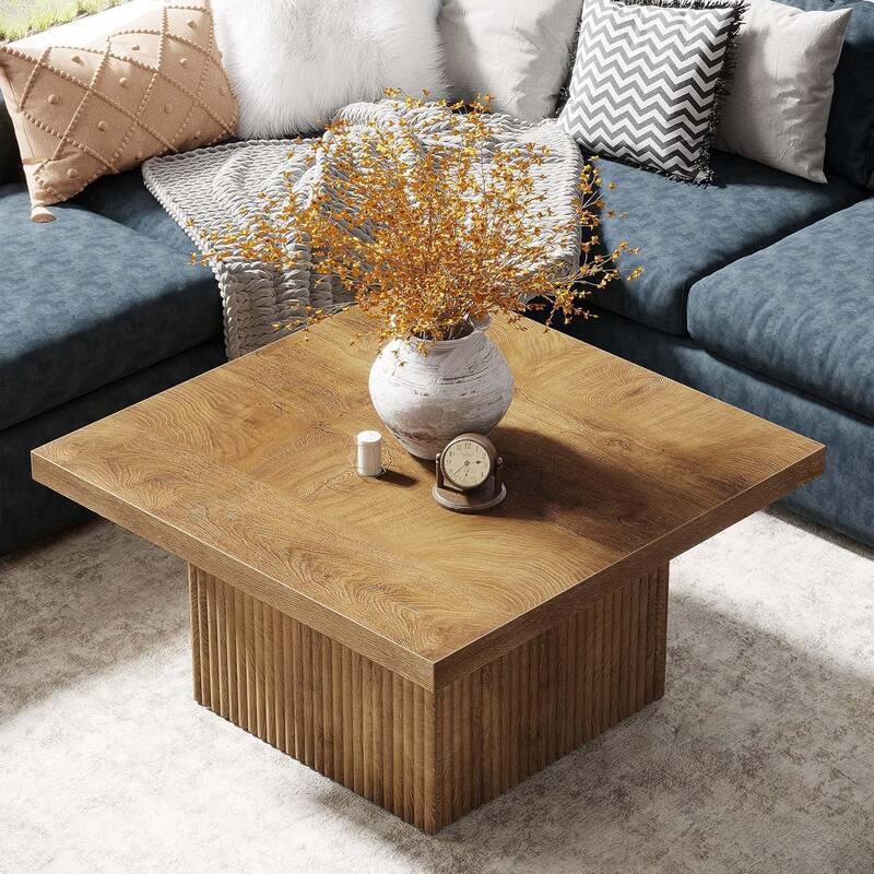 31.5 Brown Wood Square Coffee Table, Large Fluted Coffee Table for Living Room
