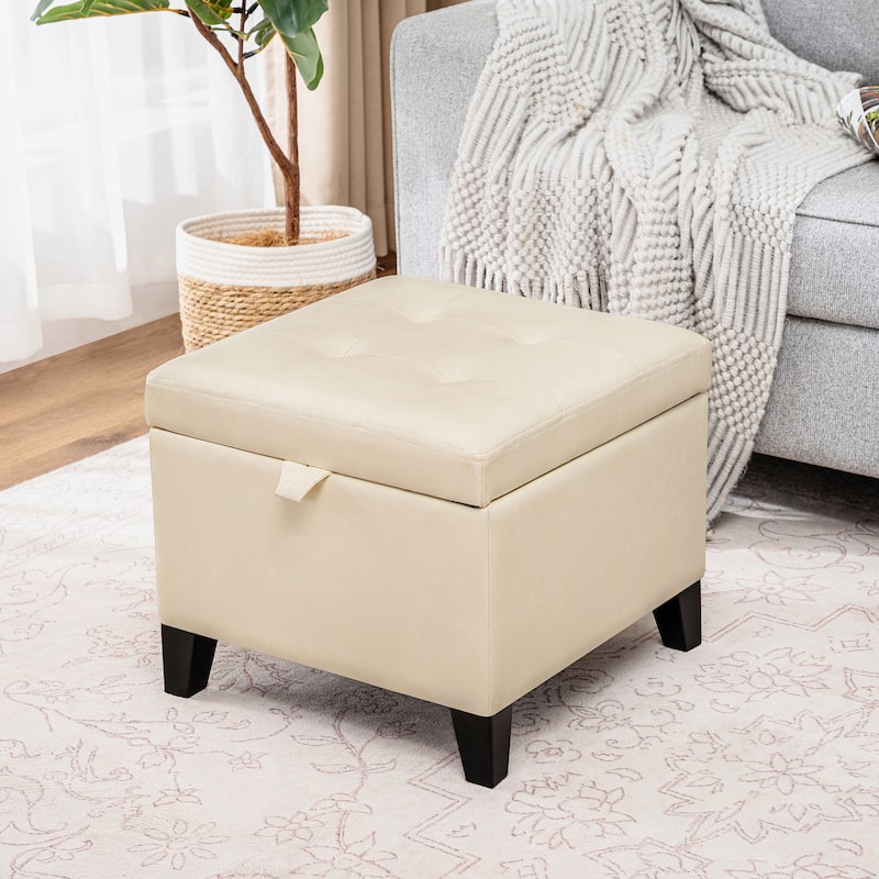 Adeco Faux Leather Tufted Flip Top Storage Ottoman - Beige-Faux-Leather