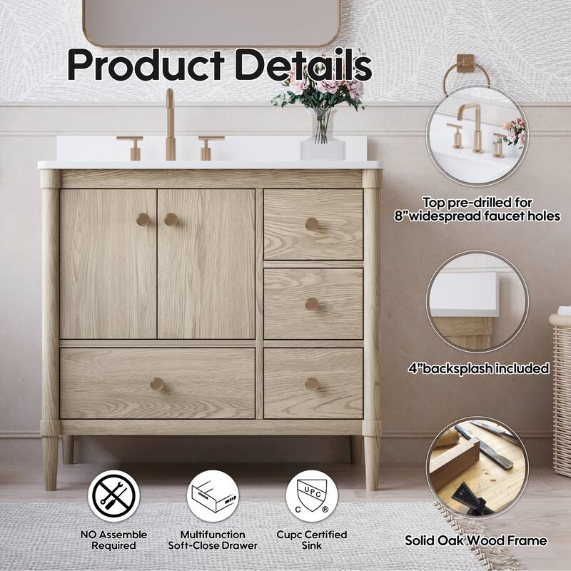 34''H Solid Wood Bathroom Vanity With Carrera White Quartz Top and Sink