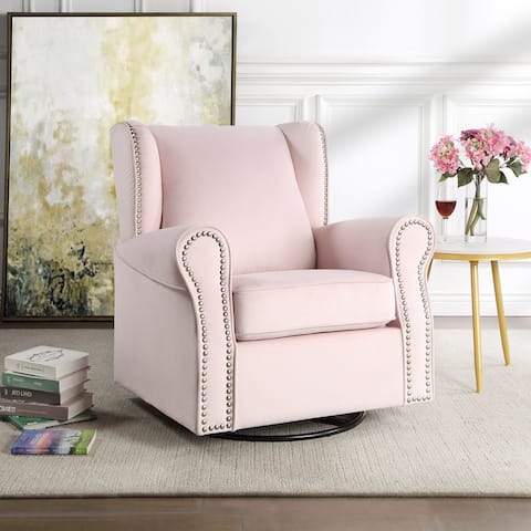 Swivel Chair Pink Fabric Padded Seat Arm Chairs Removable Cushion Cover and Nailhead Trim Recliners with Glider and Etal Base
