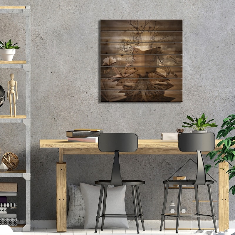 Old Tree Reading A Story Book Print On Wood by Angela Waye - Multi-Color