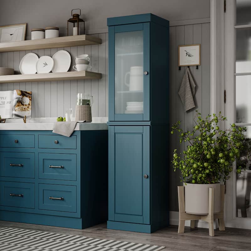 100% Solid Wood 16.5" Kitchen Pantry Cabinet with Doors by Palace Imports - Teal Blue - Frosted Glass-Solid