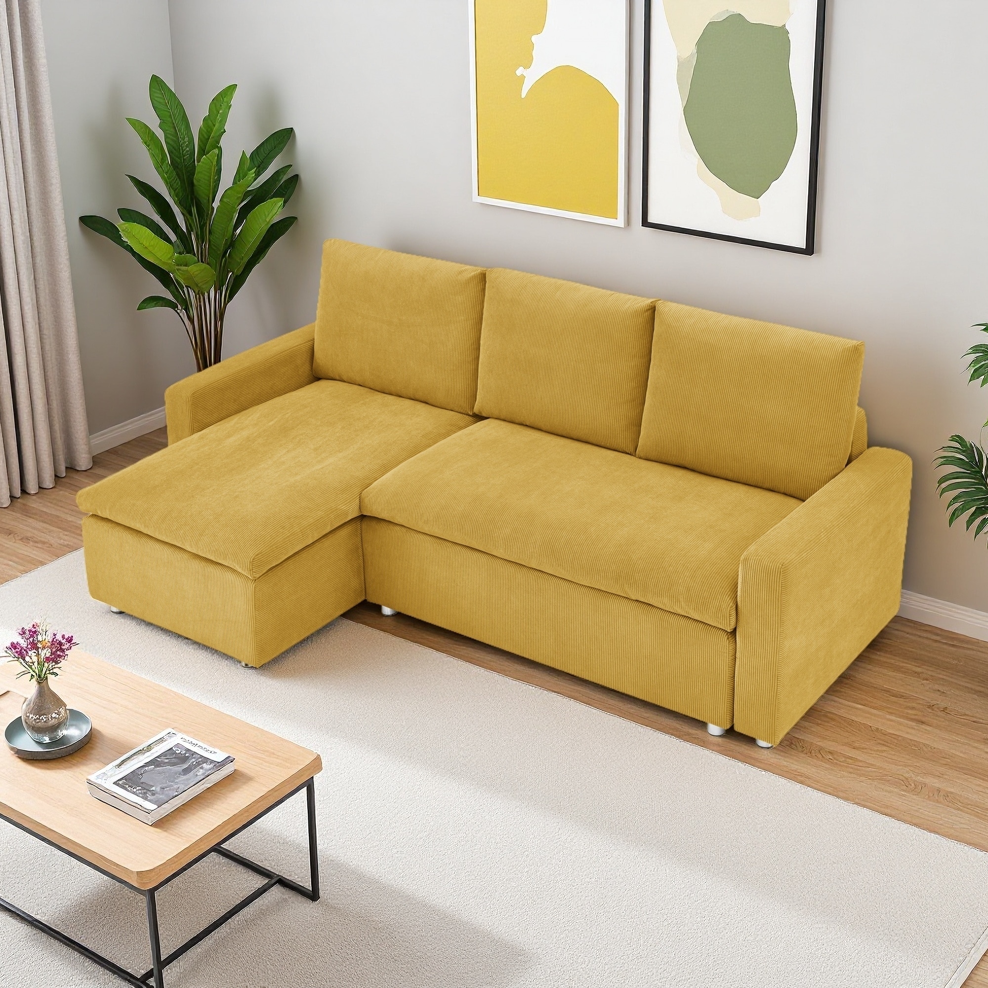 90" Corduroy Convertible L-Shaped Sleeper Sofa with Reversible Chaise, Storage and Washable Covers
