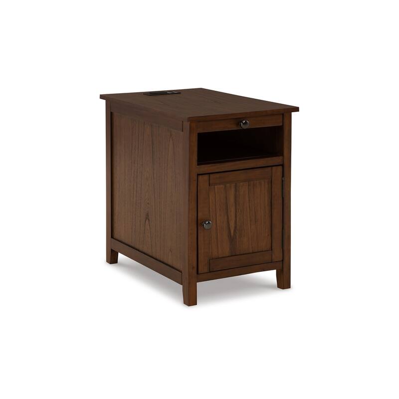 Gena Side End Table, Shelf and Pull Out Tray, Brown Solid Wood 24 Inch
