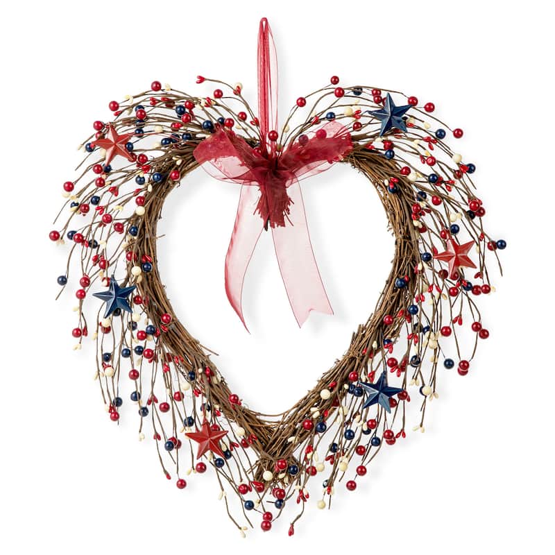 Glitzhome Americana Flag Patriotic Round/Heart Berry Wreaths - Heart
