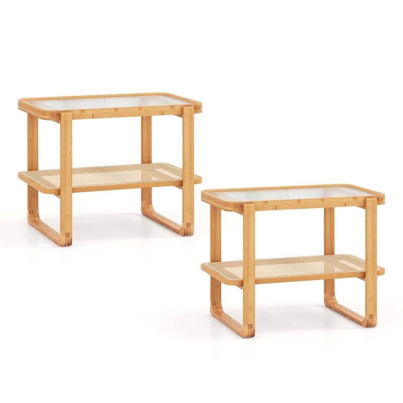 Bamboo Side Table with Rattan Shelf Glass Top Nightstand End Table - 2 PCS
