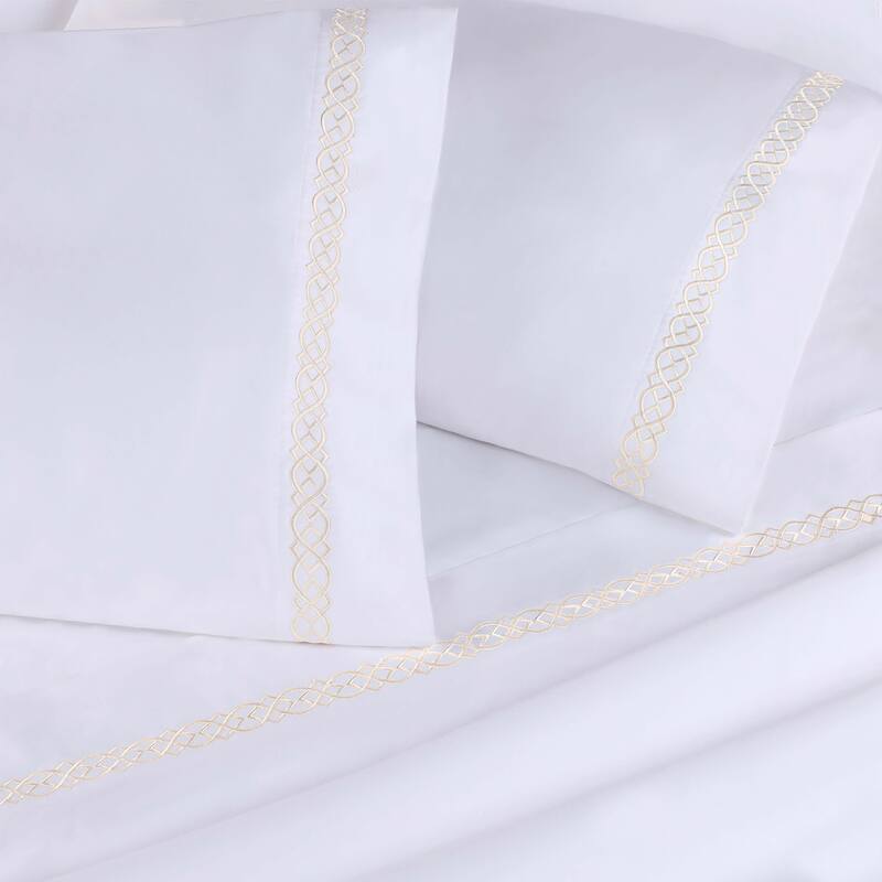 Superior Egyptian Cotton Embroidered Scroll 4 Piece Sheet Set