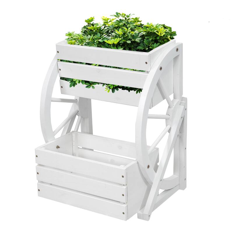 Sunnydaze Wagon Wheel 2-Tier Rustic Wood Plant Stand - White