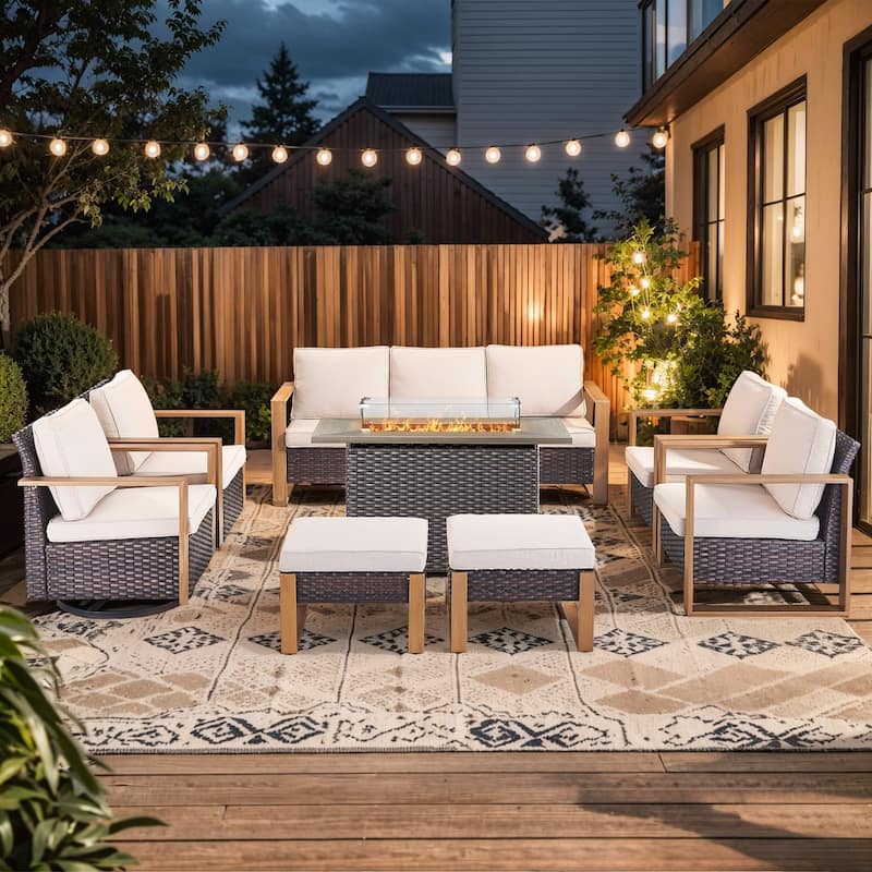 Pocassy Fire Pit Table with Outdoor Sofa Chair Ottoman Set - Brown Wicker Beige Cushion - 8-Piece Sofa Chair with Fire Table