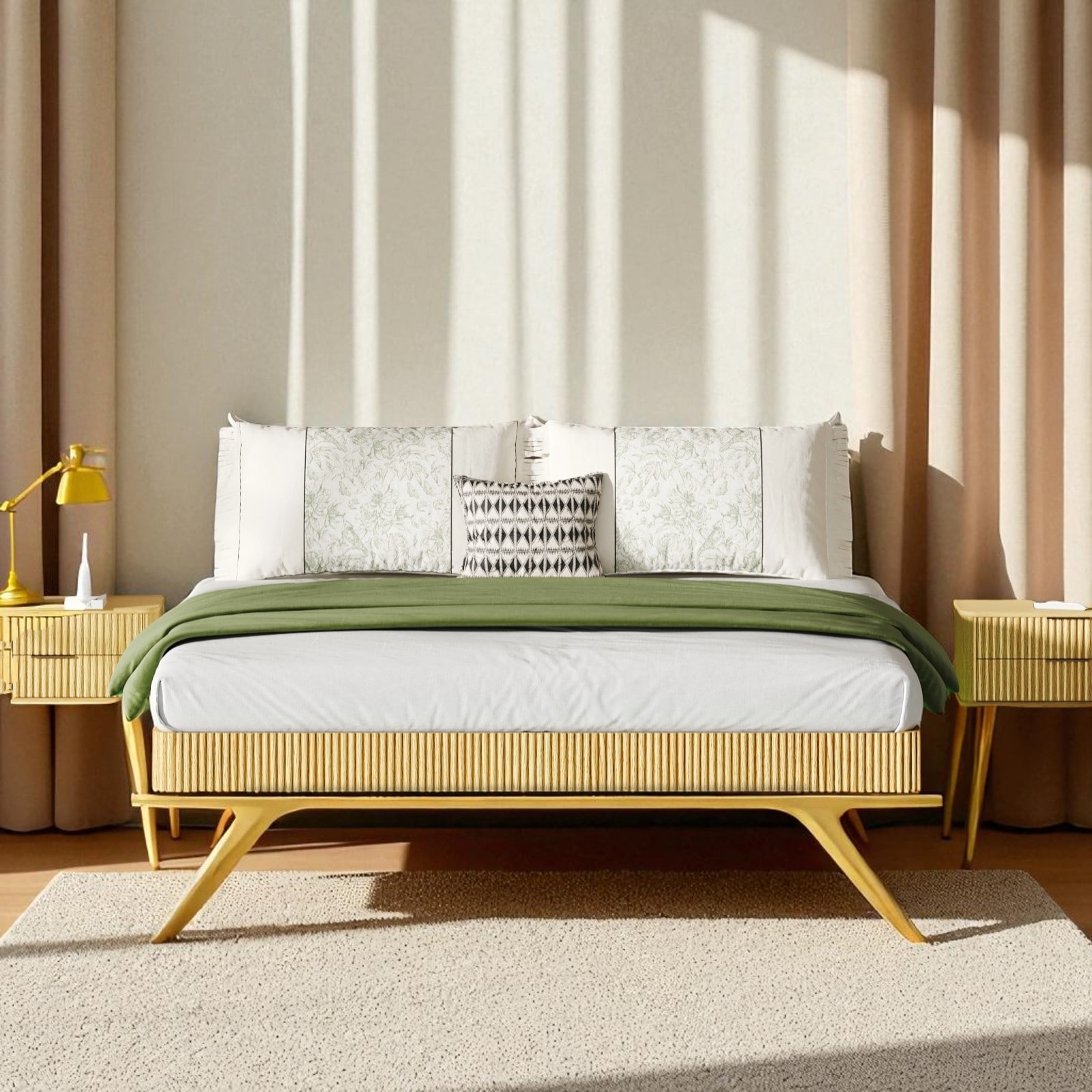 Queen/King Floating Platform Bed Frame with LED Lights, Wave Wood Design, Heavy-Duty Metal Slats, No Box Spring Needed