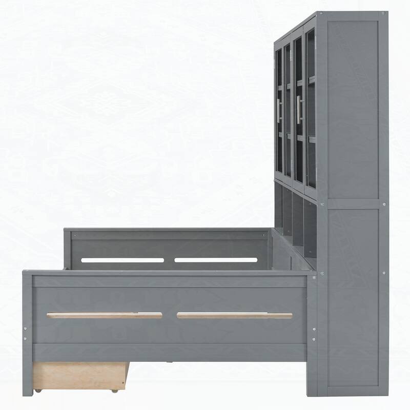 Wooden Daybed with Glass-Door Storage Cabinets and Built-in LED Lighting