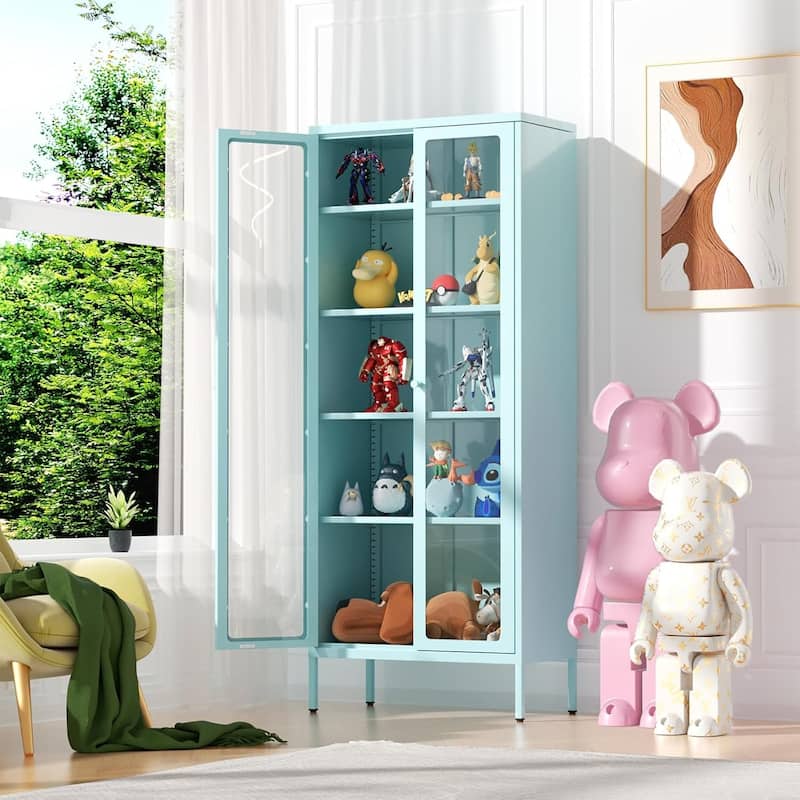 67'' Pantry Storage Cabinet Glass Display Sideboard Buffet Cabinet Curio Bookcase with Glass Doors and 4 Adjustable Shelves - Blue