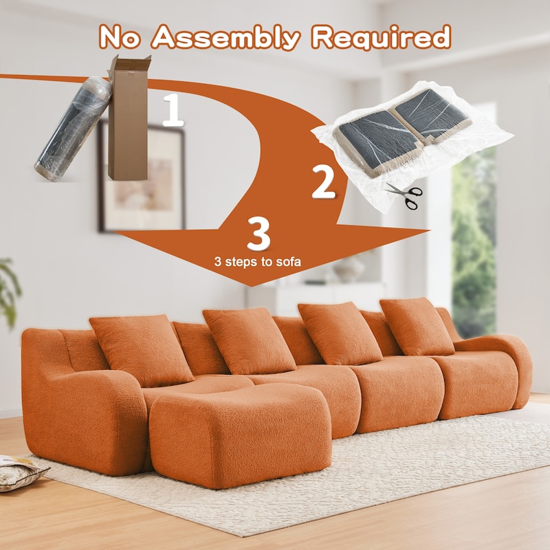 118" Modern U Shaped Modular Sectional Sofa, Boneless Couches for Living Room with Ottoman, 4 Seater Teddy Fabric Couch Sofa Set