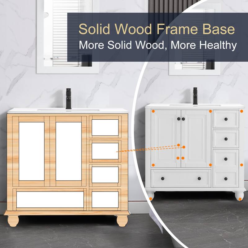 Retro Bathroom Vanity Cabinet Solid Wood Classic with Ceramic Sink