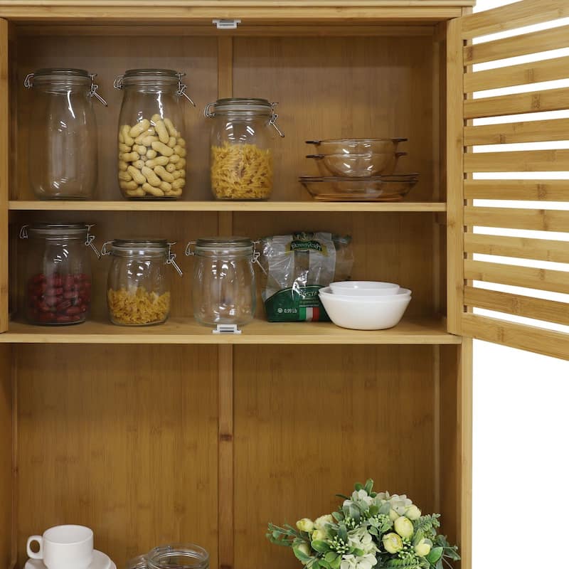 VEIKOUS 72'' Magnetic Door Stopper Hollow-Carved Bamboo Door Kitchen Storage Cabinet with Drawer Worktop, Removable Bamboo Shelf