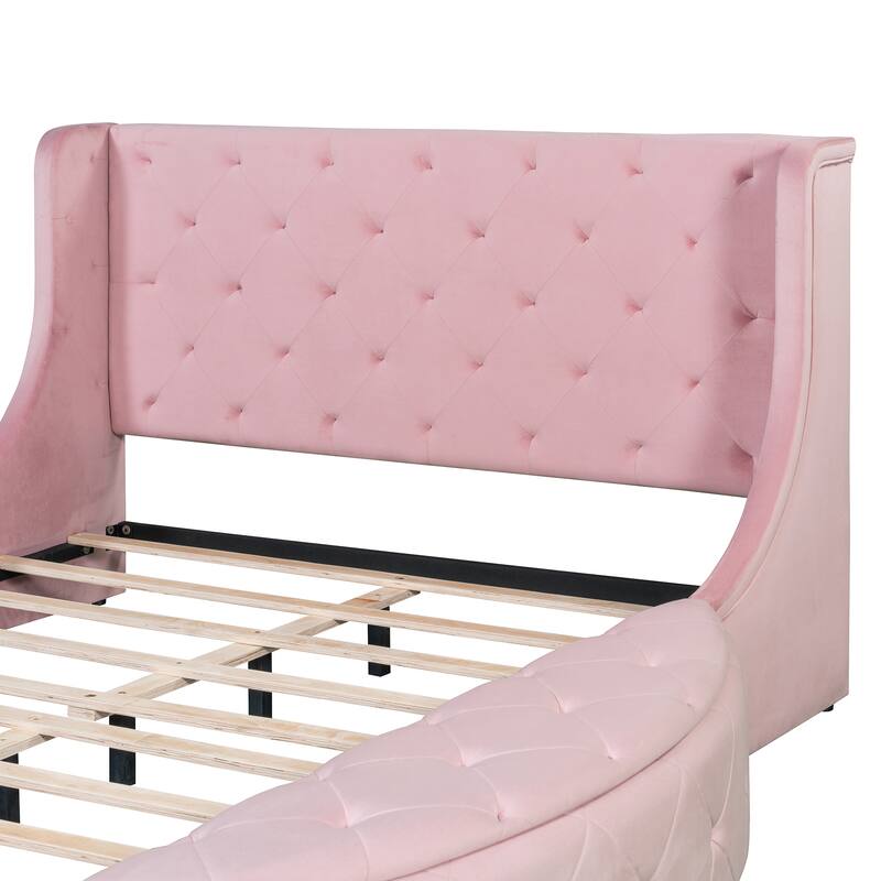 Low Profile Bed Queen Size Velvet Upholstered Platform Bed with Wingback Headboard, Big Drawer and 2 Semicircle Side Stools