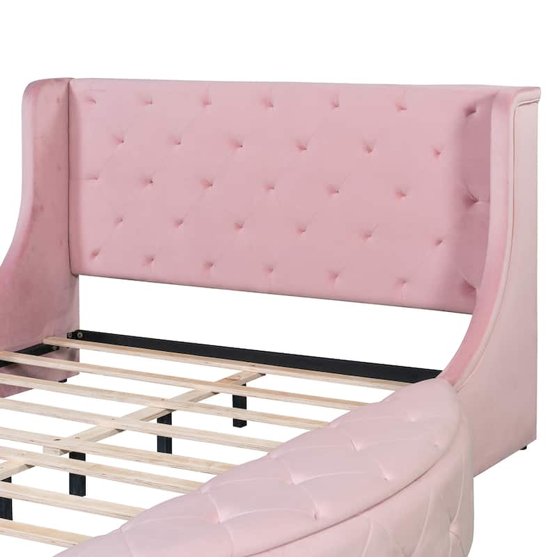 Queen Size Platform Bed with Drawer and 2 Side Storage Stool Velvet Upholstered Bed