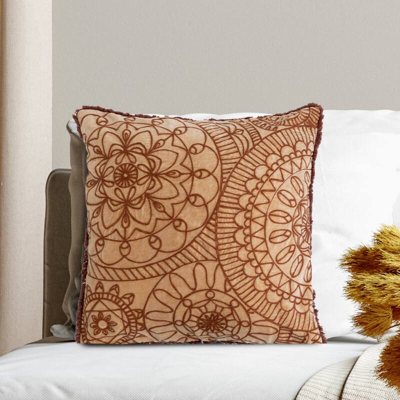 Stonewashed Cotton Velvet Pillow with Embroidery, Chambray Back and Eyelash Fringe
