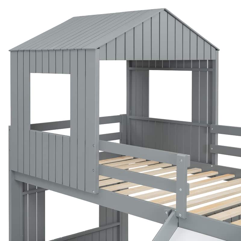 Wooden Twin Over Full Bunk Bed, Loft Bed with Playhouse, Farmhouse, Ladder, Slide and Guardrails, Gray