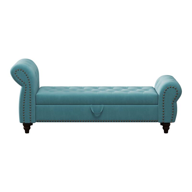 64.5" Storage Bench for Bedroom, Large Capacity Upholstered Ottoman, End of Bed Tufted Chaise Lounge with Rolled Arm