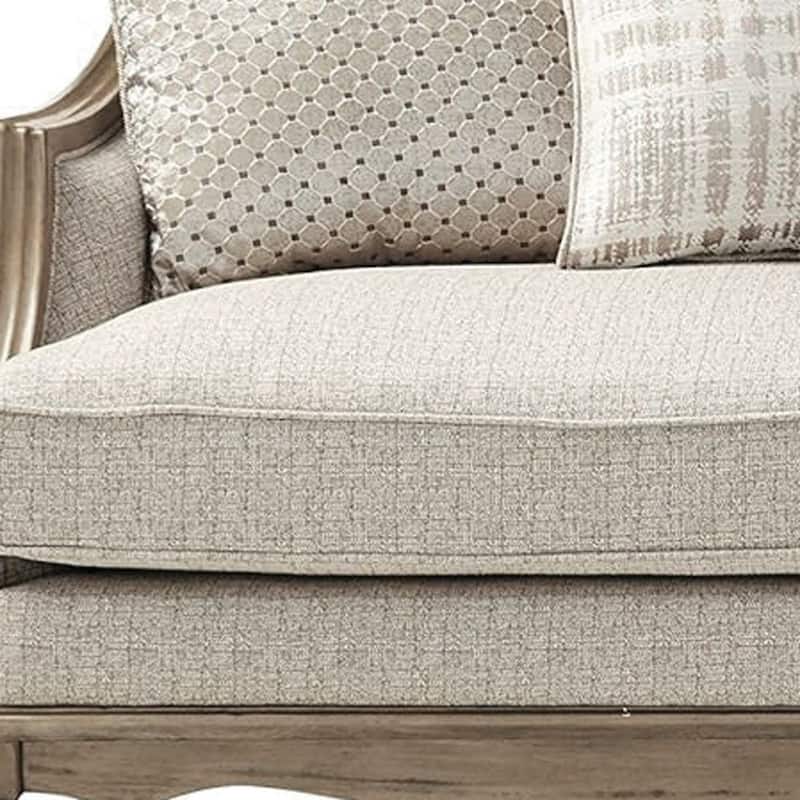 HomeRoots 86" Brown And Beige Upholstered Solid Wood Sofa With Toss Pillows