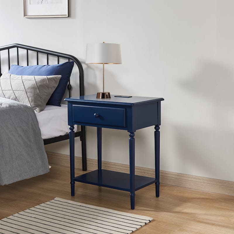 Coastal Charging Nightstand Side Table One Drawer - Navy