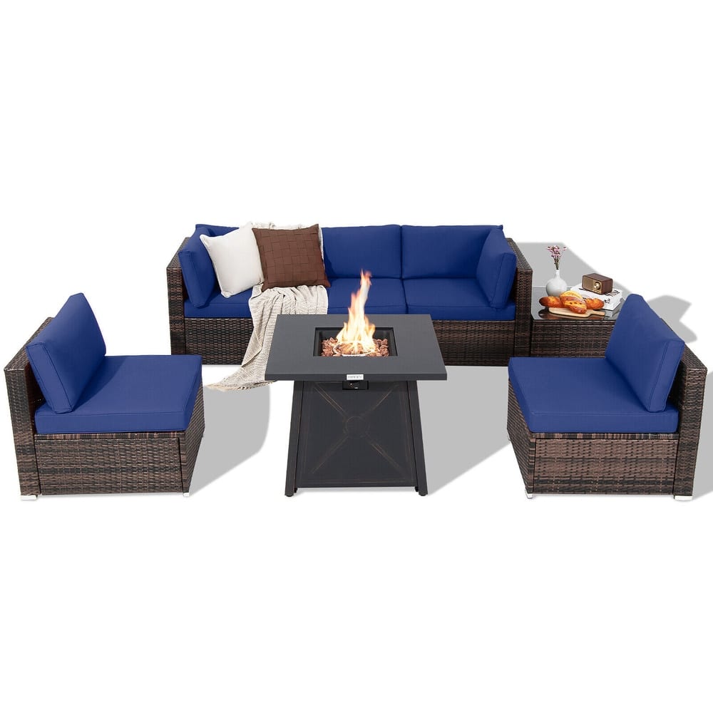 Gymax 7PCS Rattan Patio Sectional Furniture Set w/ 30'' Fire Pit Table