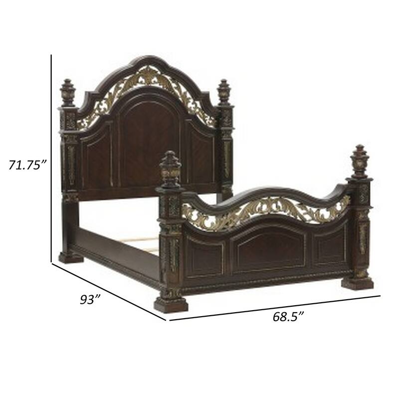 Lumi Queen Bed, Classical Metal Scrollwork, Dark Cherry Brown and Gold