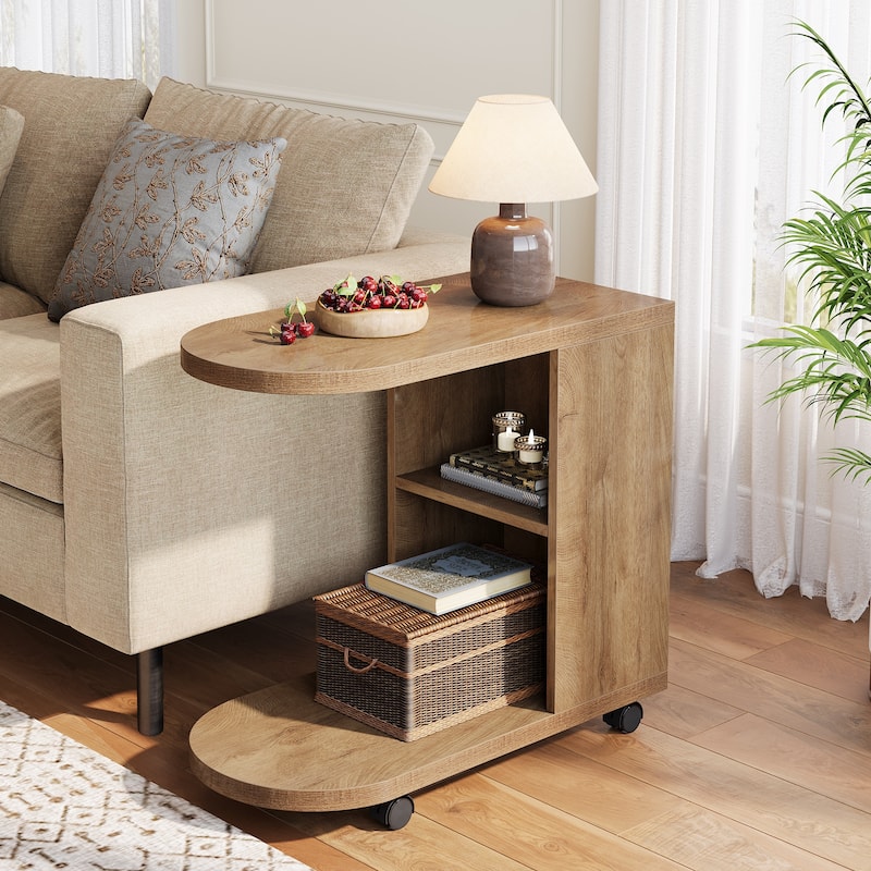 C Shaped Sofa Side Table, Mobile Bedside End Table with Storage - 1 PC