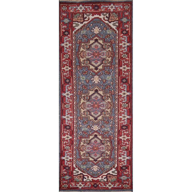 Blue Kazak Oriental Runner Rug Hand-Knotted Geometric Wool Carpet - 2'7"x 8'3"