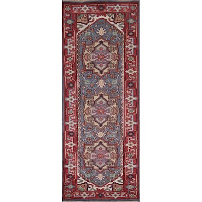 Blue Kazak Oriental Runner Rug Hand-Knotted Geometric Wool Carpet - 2'7"x 8'3"
