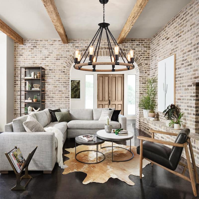 8-Light Classic Semi Flush Mount Chandelier, Farmhouse Modern Wagon Wheel Chandelier for Dining Room - W30.71"x H25.59"