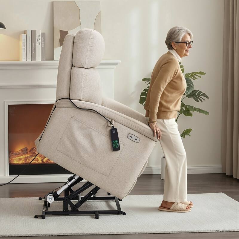 MCombo Power Recliner Lift Chair with Massage, Dual Heating and Adjustable Headrest for Big Elderly People, Fabric R7605 - Beige